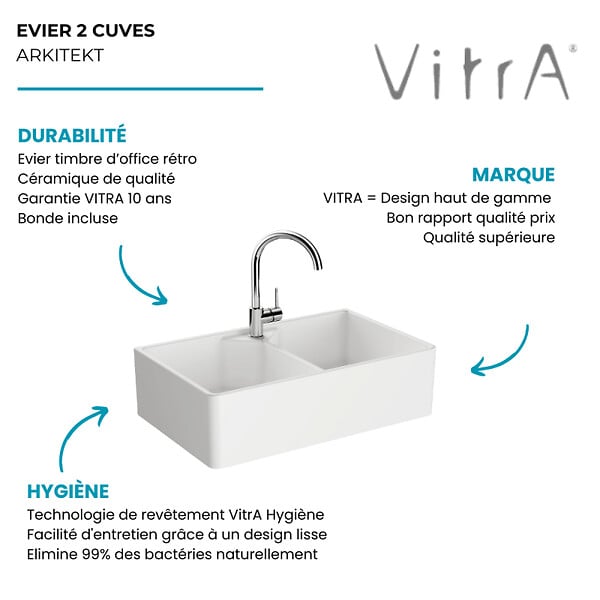 VITRA - Evier timbre d'office 2 bac à poser VitrA Belfast Blanc - large