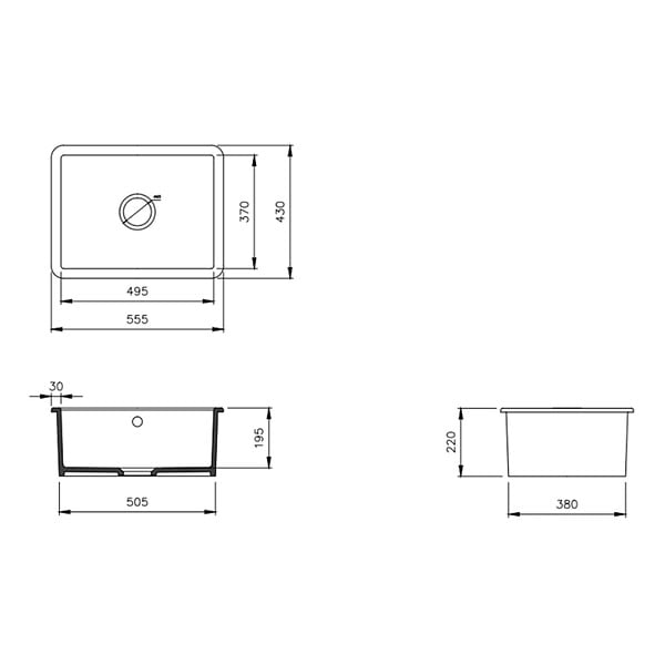 SWISS AQUA TECHNOLOGIES - Infinitio 55,5x43x22 cm évier de cuisine simple à encastrer en céramique, avec trop-plein, sans siphon, blanc (SATSINK5543) - large