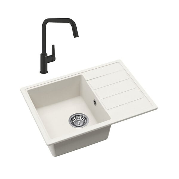 SWISS AQUA TECHNOLOGIES - 62x44 cm évier avec égouttoir réversible en Granite, à encastrer, blanc + mitigeur lavabo/cuisine Grohe Start (SATSE2WG3047) - large