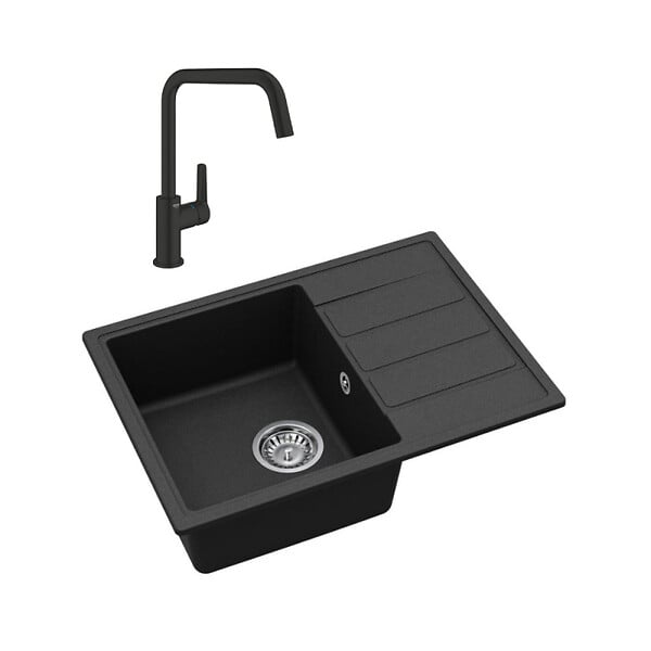 SWISS AQUA TECHNOLOGIES - 62x44 cm évier avec égouttoir réversible en Granite, à encastrer, noir + mitigeur lavabo/cuisine Grohe Start (SATSE2BG430) - large