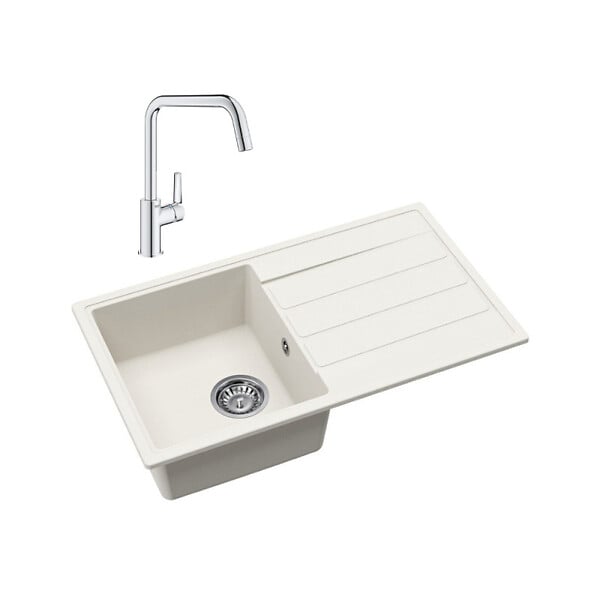 SWISS AQUA TECHNOLOGIES - 76x44 cm évier avec égouttoir réversible en Granite, à encastrer, blanc + mitigeur lavabo/cuisine Grohe Start (SATSE3WG304) - large