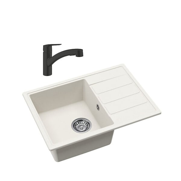 SWISS AQUA TECHNOLOGIES - 62x44 cm kit évier avec égouttoir réversible en Granite, à encastrer, blanc + mitigeur de cuisine Grohe Start (SATSE2WG303) - large