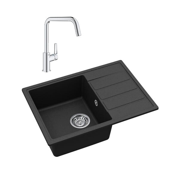SWISS AQUA TECHNOLOGIES - 62x44 cm évier avec égouttoir réversible en Granite, à encastrer, noir + mitigeur lavabo/cuisine Grohe Start (SATSE2BG304) - large