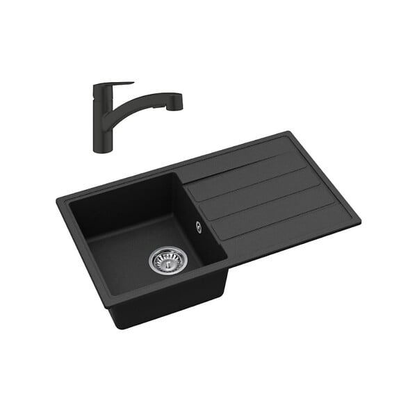 SWISS AQUA TECHNOLOGIES - 76x44 cm kit évier avec égouttoir réversible en Granite, à encastrer, noir + mitigeur lavabo/cuisine Grohe Start (SATSE3BG431) - large