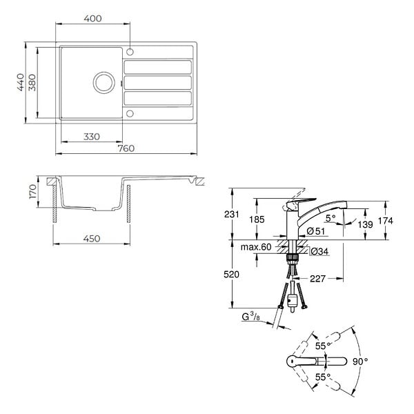 SWISS AQUA TECHNOLOGIES - 76x44 cm kit évier avec égouttoir réversible en Granite, à encastrer, noir + mitigeur lavabo/cuisine Grohe Start (SATSE3BG431) - large