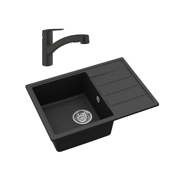 SWISS AQUA TECHNOLOGIES - 62x44 cm évier avec égouttoir réversible en Granite, à encastrer, noir + mitigeur lavabo/cuisine Grohe Start (SATSE2BG431) - large