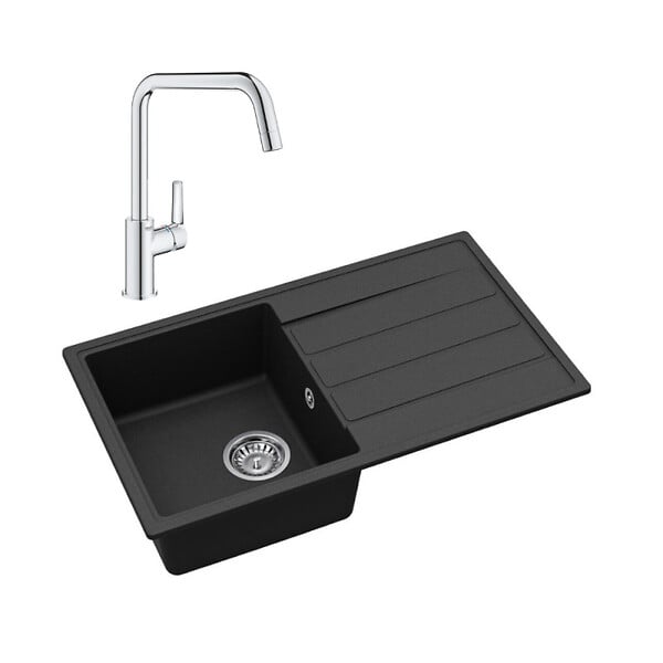 SWISS AQUA TECHNOLOGIES - 76x44 cm évier avec égouttoir réversible en Granite, à encastrer, noir + mitigeur lavabo/cuisine Grohe Start (SATSE3BG304) - large