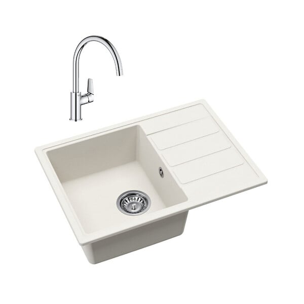 SWISS AQUA TECHNOLOGIES - 62x44 cm évier avec égouttoir réversible en Granite, à encastrer, blanc + mitigeur lavabo/cuisine Grohe StartEdge (SATSE2WG313) - large