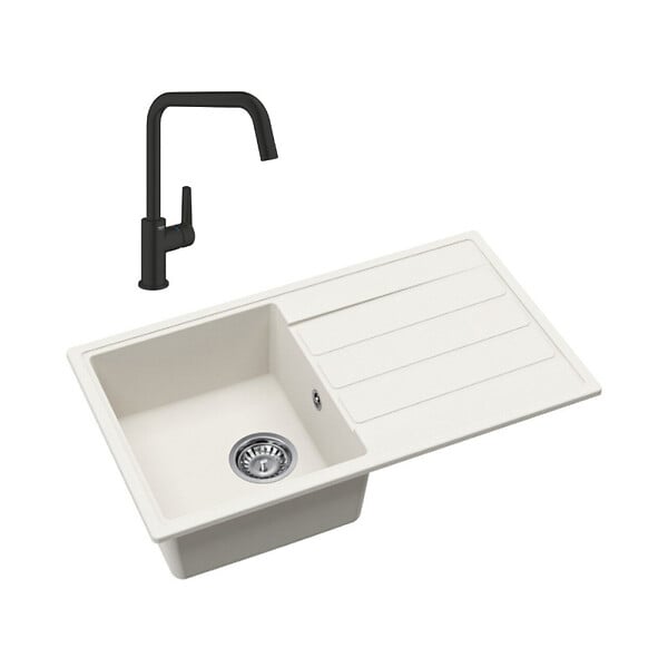 SWISS AQUA TECHNOLOGIES - 76x44 cm évier avec égouttoir réversible en Granite, à encastrer, blanc + mitigeur lavabo/cuisine Grohe Start (SATSE3WG3047) - large