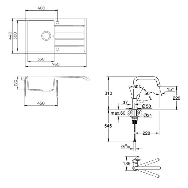SWISS AQUA TECHNOLOGIES - 76x44 cm évier avec égouttoir réversible en Granite, à encastrer, blanc + mitigeur lavabo/cuisine Grohe Start (SATSE3WG3047) - large