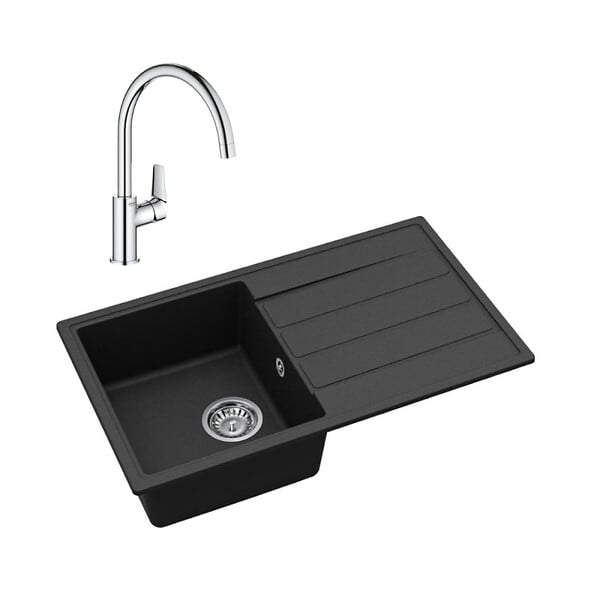 SWISS AQUA TECHNOLOGIES - 76x44 cm évier avec égouttoir réversible en Granite, à encastrer, noir + mitigeur lavabo/cuisine Grohe StartEdge (SATSE3BG313) - large