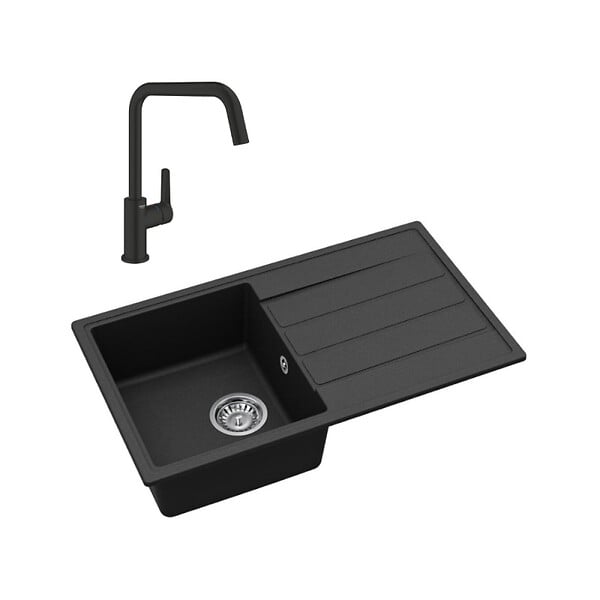 SWISS AQUA TECHNOLOGIES - 76x44 cm évier avec égouttoir réversible en Granite, à encastrer, noir + mitigeur lavabo/cuisine Grohe Start (SATSE3BG430) - large