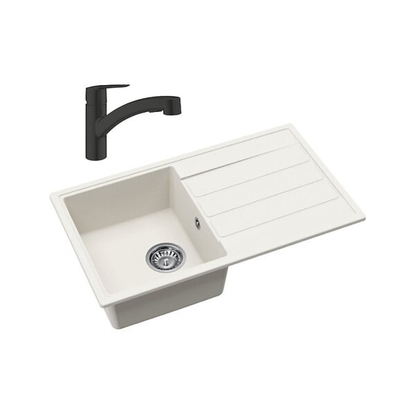 SWISS AQUA TECHNOLOGIES - 76x44 cm évier avec égouttoir réversible en Granite, à encastrer, blanc + mitigeur lavabo/cuisine Grohe Start (SATSE3WG303) - large