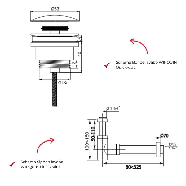 WIRQUIN - Bonde lavabo universelle vis centrale Quick clac Laiton/Chromé + Siphon lavabo Linéis Mini Laiton/Chromé - large