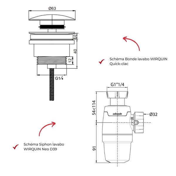 WIRQUIN - Bonde lavabo universelle vis centrale Quick clac Laiton/Chromé + Siphon lavabo D32 Neo - large
