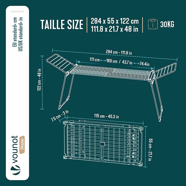 VOUNOT - Etendoir a linge telescopique pliable extensible ailes hautes 284x55x122cm metal blanc - large