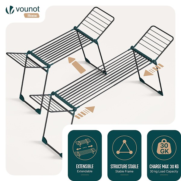 VOUNOT - Etendoir a linge telescopique pliable extensible ailes hautes 284x55x122cm metal noir - large