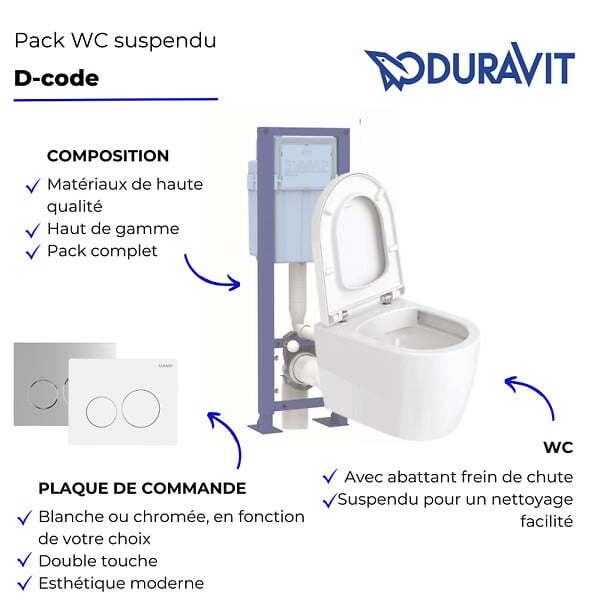 DURAVIT - Pack WC suspendu D-code avec abattant frein de chute synthétique + bati support + Plaque de commande blanche - large