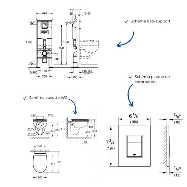 GROHE - Pack WC suspendu sans bride caréné + Abattant Bau Ceramic + Bâti-support largeur réduite + Plaque commande Cool Sunrise - large