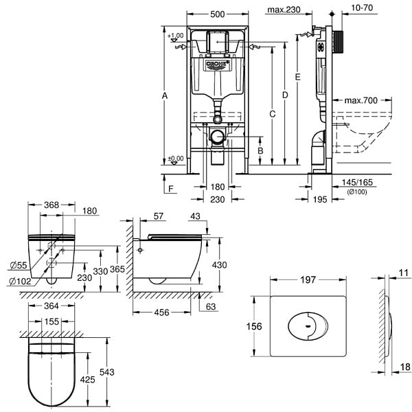 GROHE - Pack WC suspendu sans bride Start Round Ceramic + Abattant frein de chute + Bâti support autoportant + Plaque de commande chromé - large