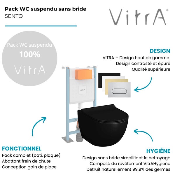 VITRA - Pack WC suspendu VitrA Sento noir + bâti autoportant V-Fix Core + Plaque Round chromé - large