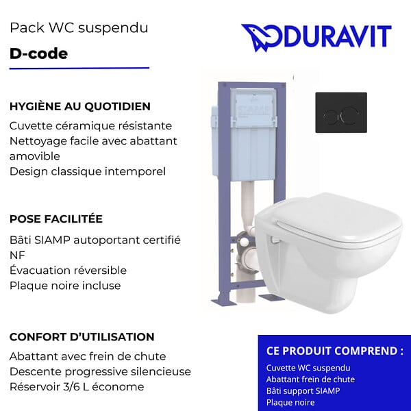 DURAVIT - Pack cuvette WC suspendu D-CODE + abattant frein de chute + bâti-support + plaque noire - large