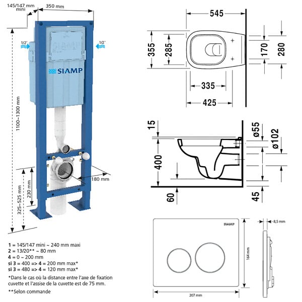 DURAVIT - Pack cuvette WC suspendu D-CODE + abattant frein de chute + bâti-support + plaque noire - large
