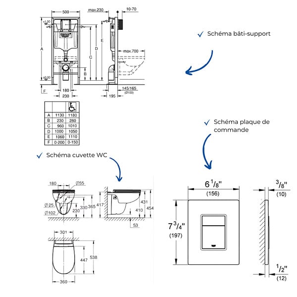 GROHE - Pack WC suspendu sans bride caréné + Abattant Bau Ceramic + Bâti-support autoportant + Plaque commande Cool Sunrise - large