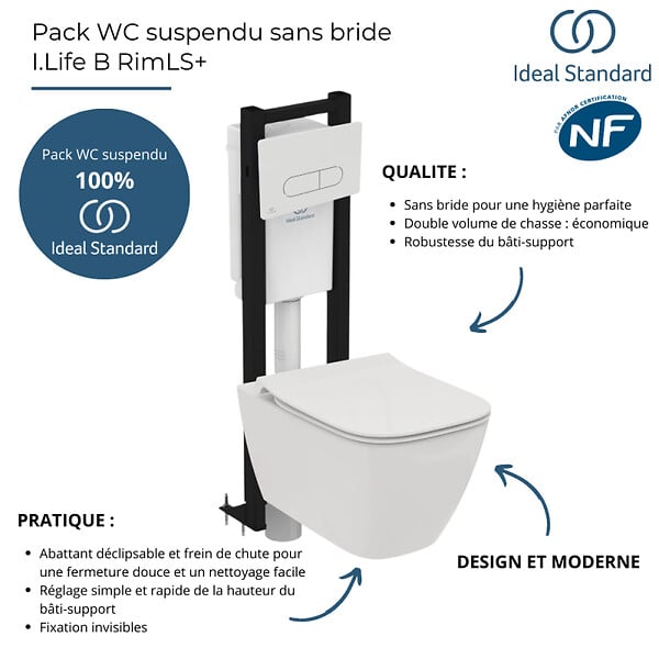 IDEAL STANDARD - Pack WC suspendu sans bride I.Life B RimLS+ + Abattant frein de chute + Bâti-support autoportant + Plaque blanche - large