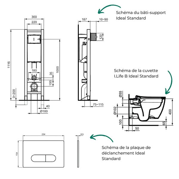 IDEAL STANDARD - Pack WC suspendu sans bride I.Life B RimLS+ + Abattant frein de chute + Bâti-support autoportant + Plaque blanche - large