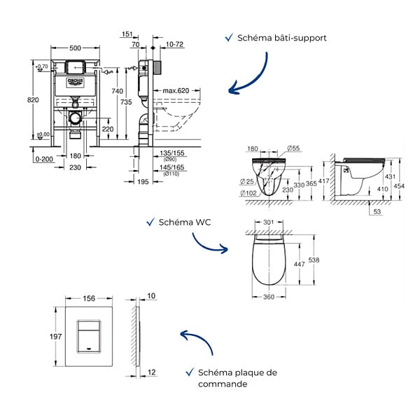 GROHE - Pack bâti-support hauteur réduite Rapid SL + Cuvette suspendue sans bride abattant BauCeramic + Plaque commande noir mat - large