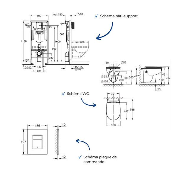 GROHE - Pack bâti-support mur porteur Rapid SL + Cuvette suspendue sans bride abattant Bau Ceramic + Plaque commande noir mat - large