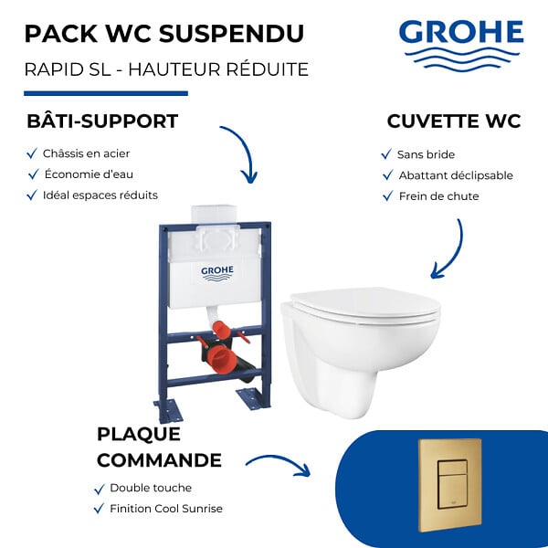 GROHE - Pack WC suspendu sans bride caréné + Abattant Bau Ceramic + Bâti-support hauteur réduite + Plaque commande Cool Sunrise - large