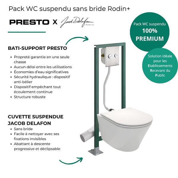 JACOB DELAFON - Pack WC suspendu sans bride Rodin+ + Abattant frein de chute + Bâti-support autoportant + Plaque chromée - large