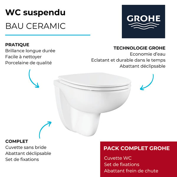 GROHE - Cuvette WC suspendu Bau Ceramic avec abattant frein de chute - large