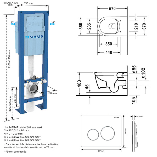 DURAVIT - Pack cuvette WC suspendu sans bride ME BY STARCK + abattant frein de chute + bâti-support + plaque noire - large