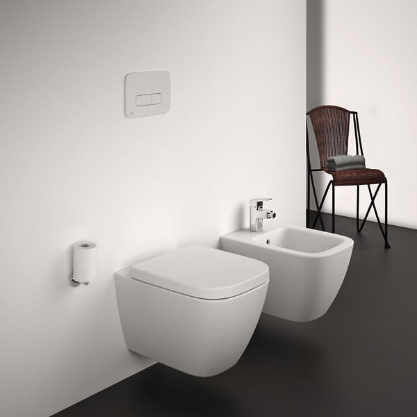 IDEAL STANDARD - Pack WC suspendu sans bride I.Life S RimLS+ + Abattant frein de chute + Bâti-support autoportant + Plaque blanche - large