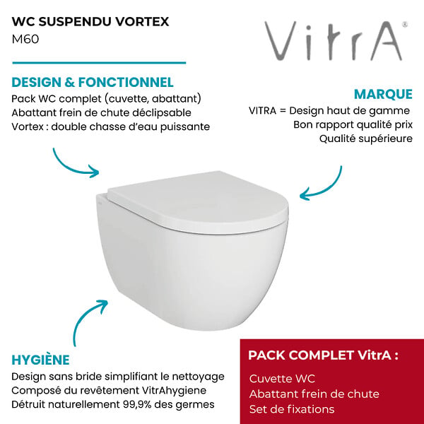 VITRA - Cuvette WC suspendu sans bride VitrA M60 Vortexflush blanc avec abattant frein de chute - large