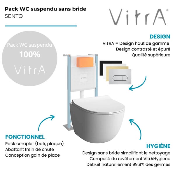 VITRA - Pack WC suspendu VitrA Sento blanc + bâti autoportant V-Fix Core + Plaque Round chromé - large