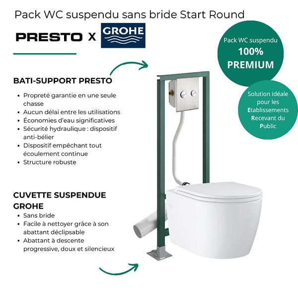 GROHE - Pack WC suspendu sans bride Start Round + Abattant frein de chute + Bâti-support autoportant + Plaque chromée - large