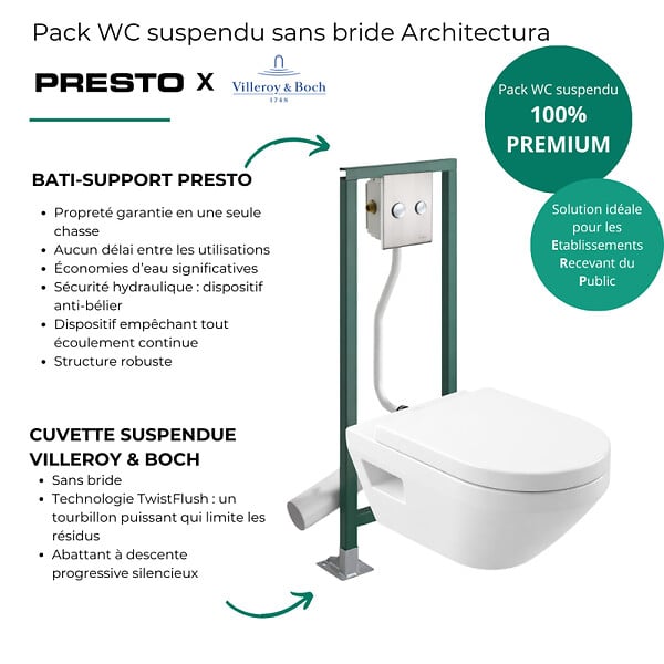 VILLEROY ET BOCH - Pack WC suspendu sans bride VILLEROY&BOCH Architectura Twistflush rond + Abattant + Bâti-support autoportant + Plaque - large
