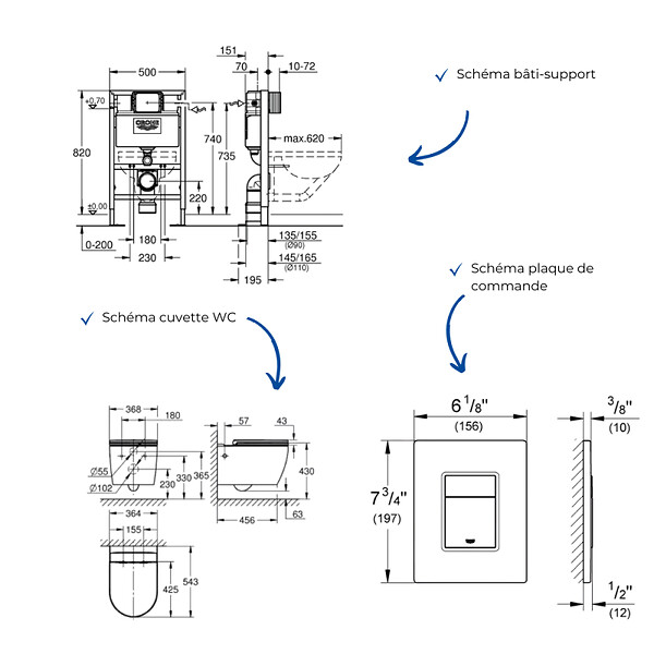 GROHE - Pack WC suspendu sans bride caréné + Abattant Start + Bâti-support hauteur réduite + Plaque commande Cool Sunrise - large