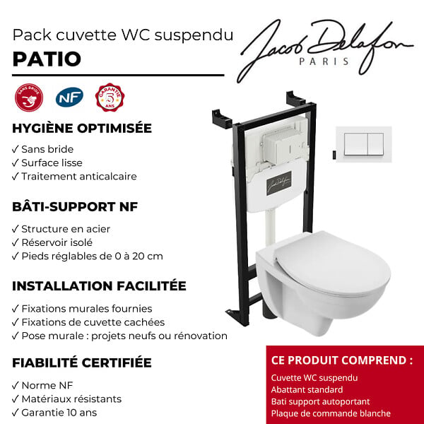 JACOB DELAFON - Pack cuvette WC suspendu sans bride Patio avec abattant + bâti support + plaque - large
