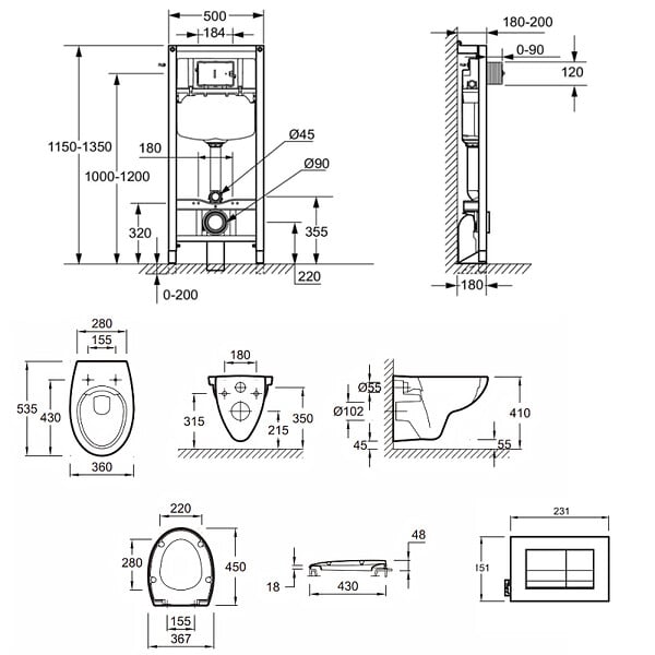 JACOB DELAFON - Pack cuvette WC suspendu sans bride Patio avec abattant + bâti support + plaque - large