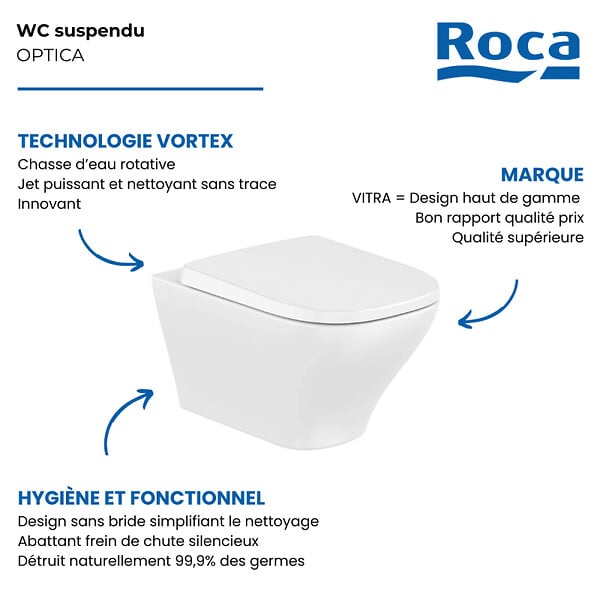 ROCA - Cuvette WC suspendu sans bride Optica Vortex - large