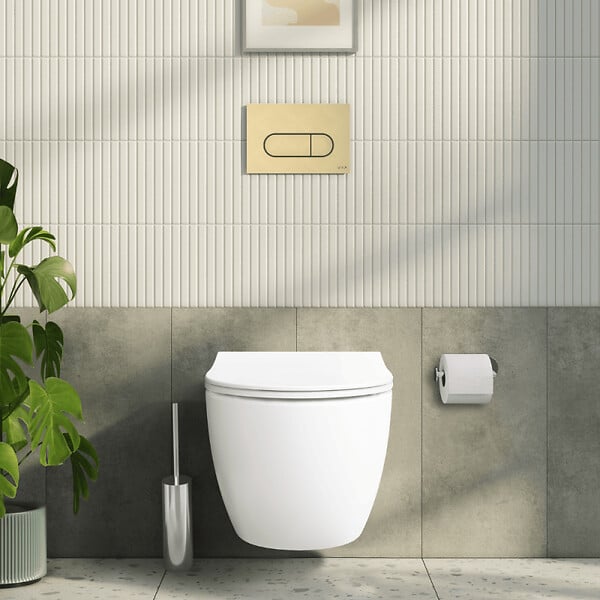 VITRA - Pack WC suspendu VitrA Sento blanc brillant + bâti autoportant V-Fix Core + Plaque Round or brossé - large