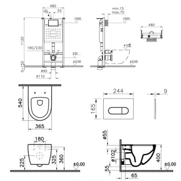 VITRA - Pack WC suspendu VitrA Sento blanc brillant + bâti autoportant V-Fix Core + Plaque Round or brossé - large