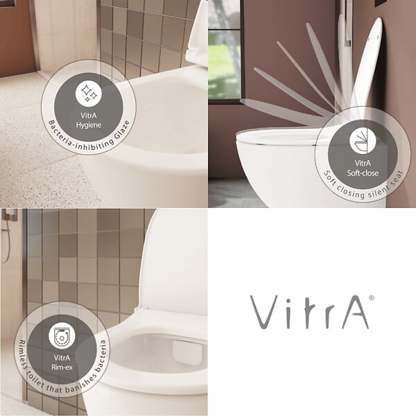VITRA - Pack WC suspendu VitrA Sento blanc brillant + bâti autoportant V-Fix Core + Plaque Round or brossé - large