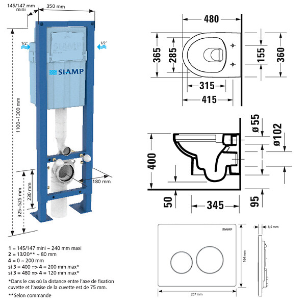 DURAVIT - Pack cuvette WC suspendu sans bride compact NO. 1 + abattant frein de chute + bâti-support + plaque noire - large