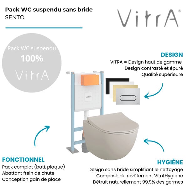 VITRA - Pack WC suspendu VitrA Sento lin mat + bâti autoportant V-Fix Core + Plaque Round chromé - large